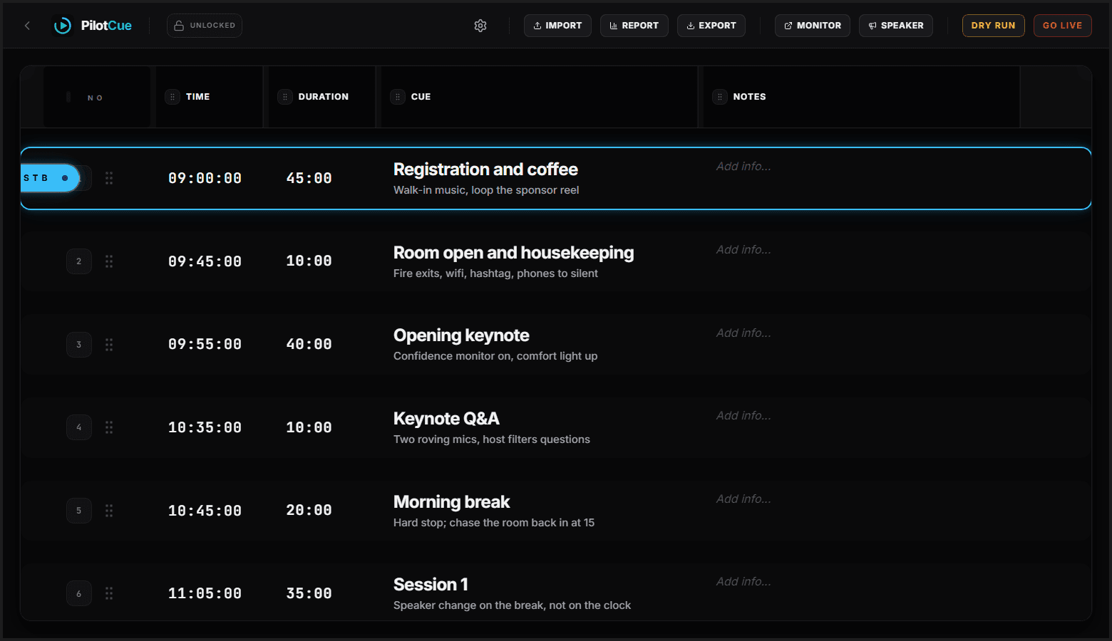 The PilotCue console showing a conference day runsheet with times, durations, cue titles with subtitles, and an empty notes column.
