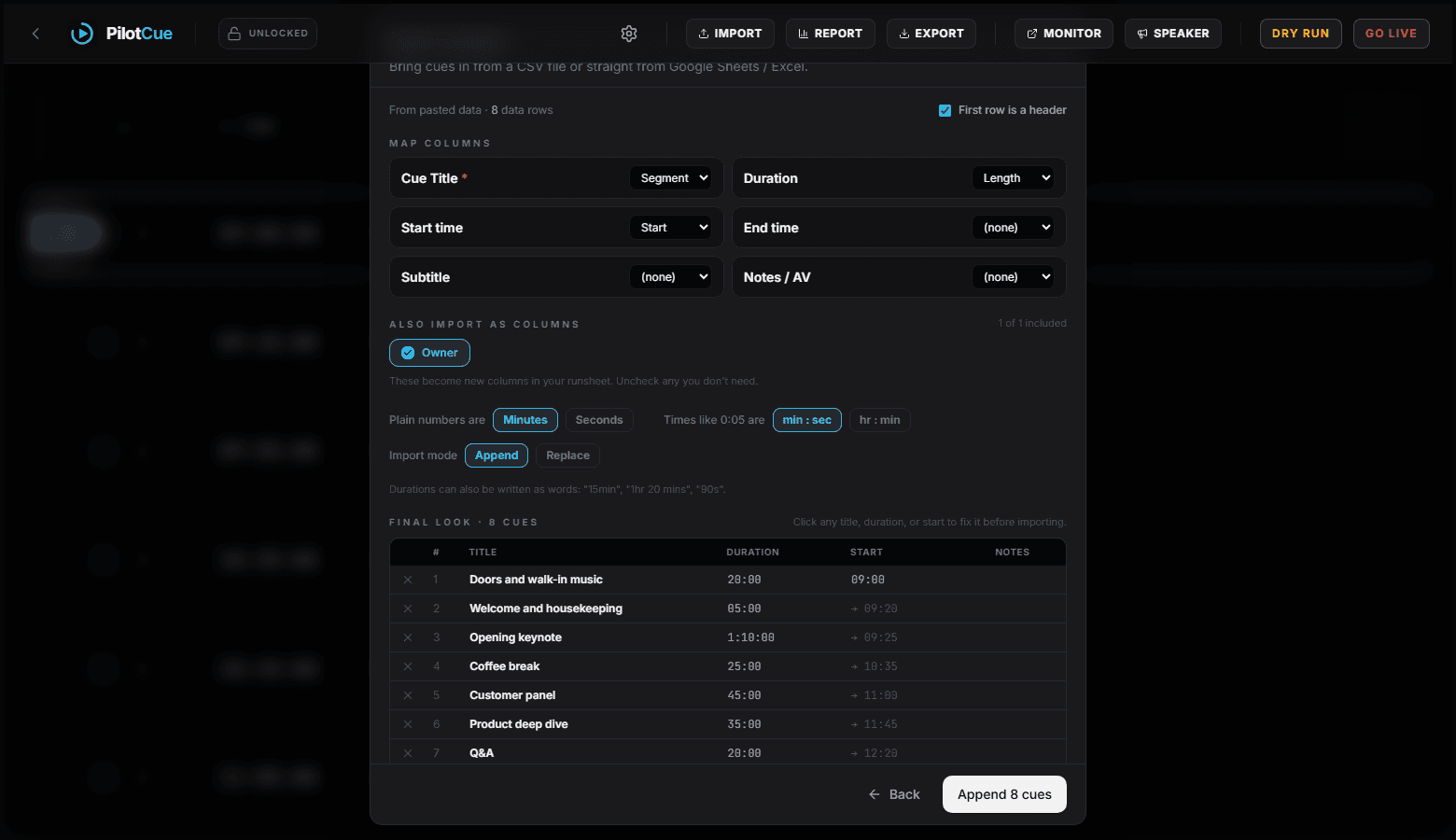 The PilotCue import preview showing auto-mapped columns, a detected Owner column, and eight cues with parsed durations and chained start times.