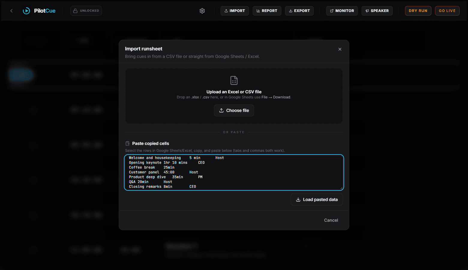 The PilotCue import dialog, with a conference rundown pasted into the text box as tab-separated rows.