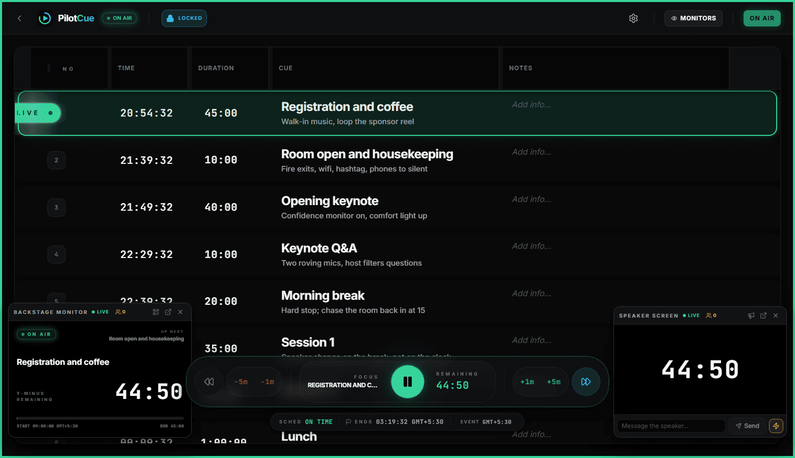 The PilotCue console on air, showing the live cue highlighted green, the show command bar with 44:50 remaining, and the backstage monitor and speaker screen previews docked at the bottom corners.