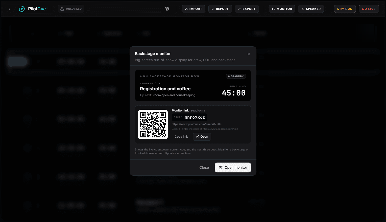 The backstage monitor dialog in PilotCue showing a read-only share link, a short code and a QR code.