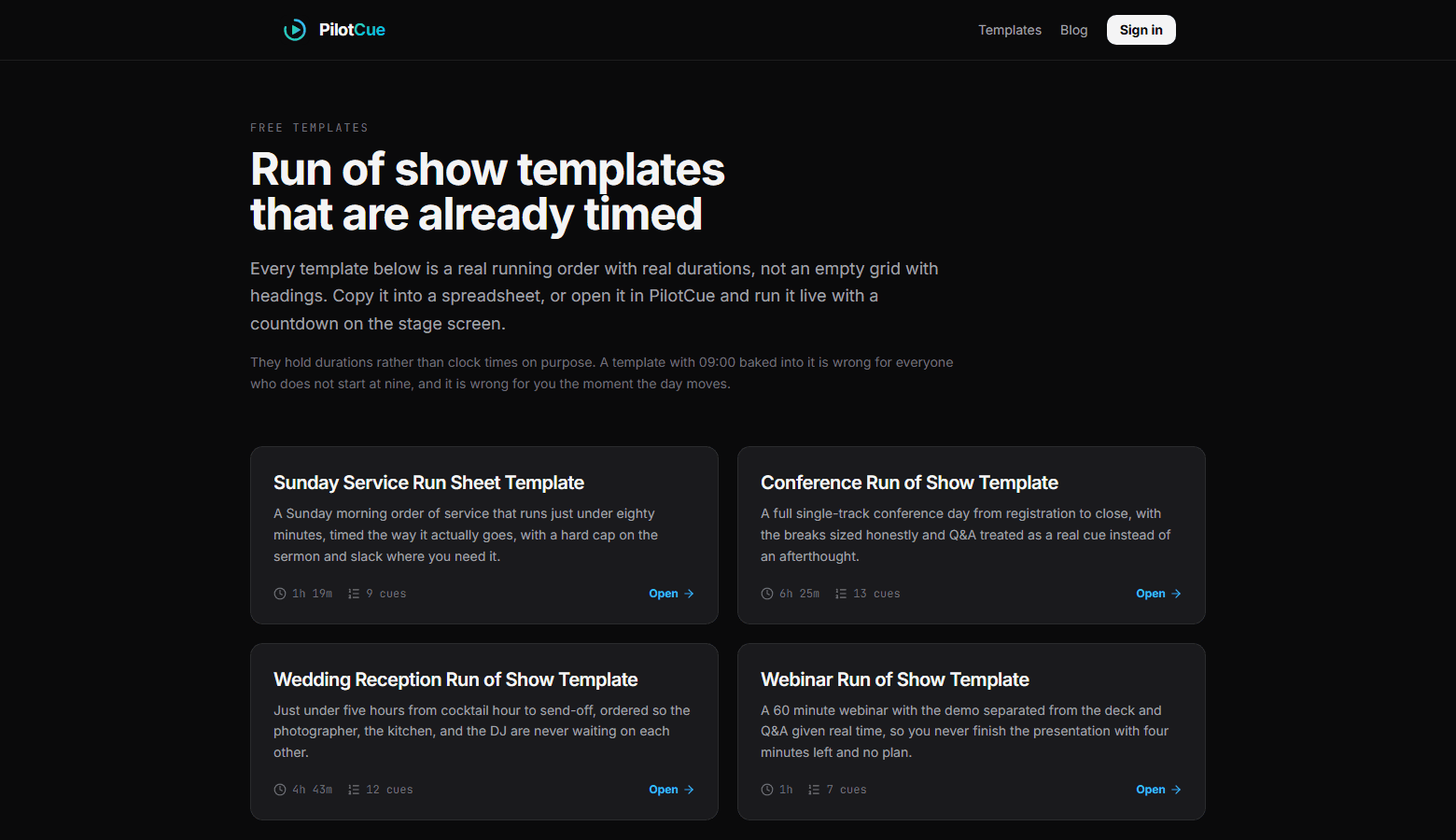 The PilotCue templates page showing run of show templates for a church service, a conference day, a wedding reception and a webinar.